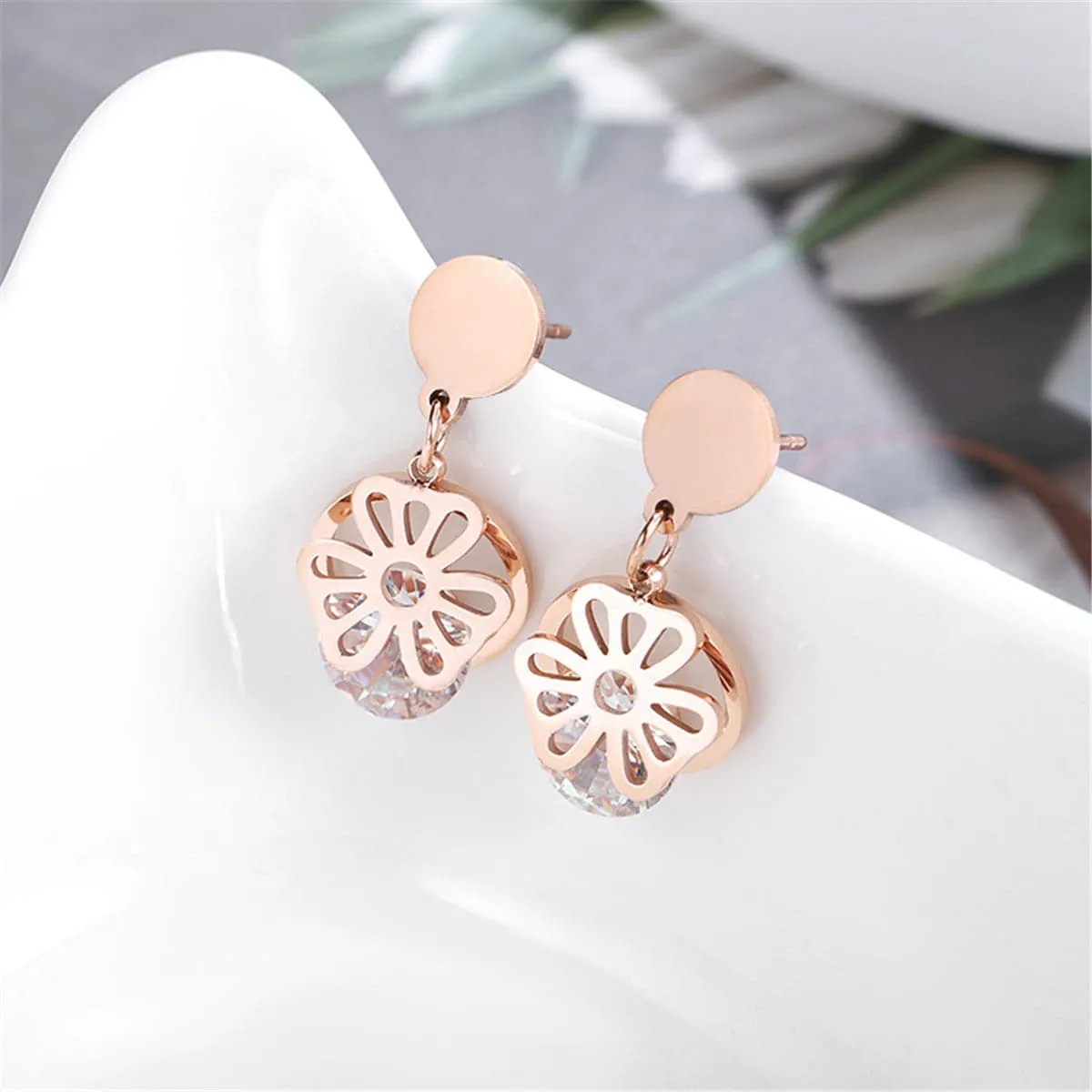 Cubic Zirconia & 18K Rose Gold-Plated Open Flower Drop Earrings