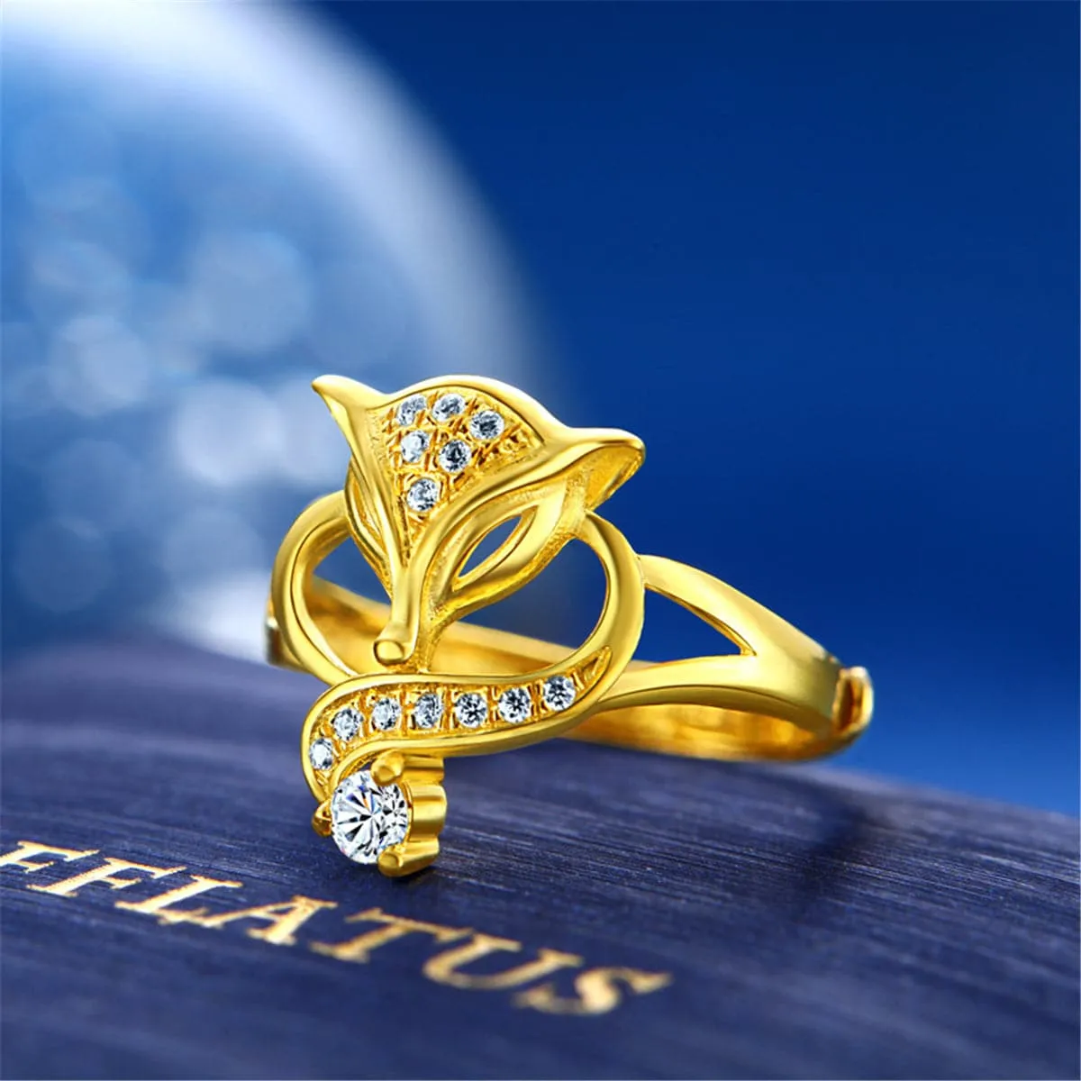 Cubic Zirconia & 24K Gold-Plated Fox Adjustable Ring