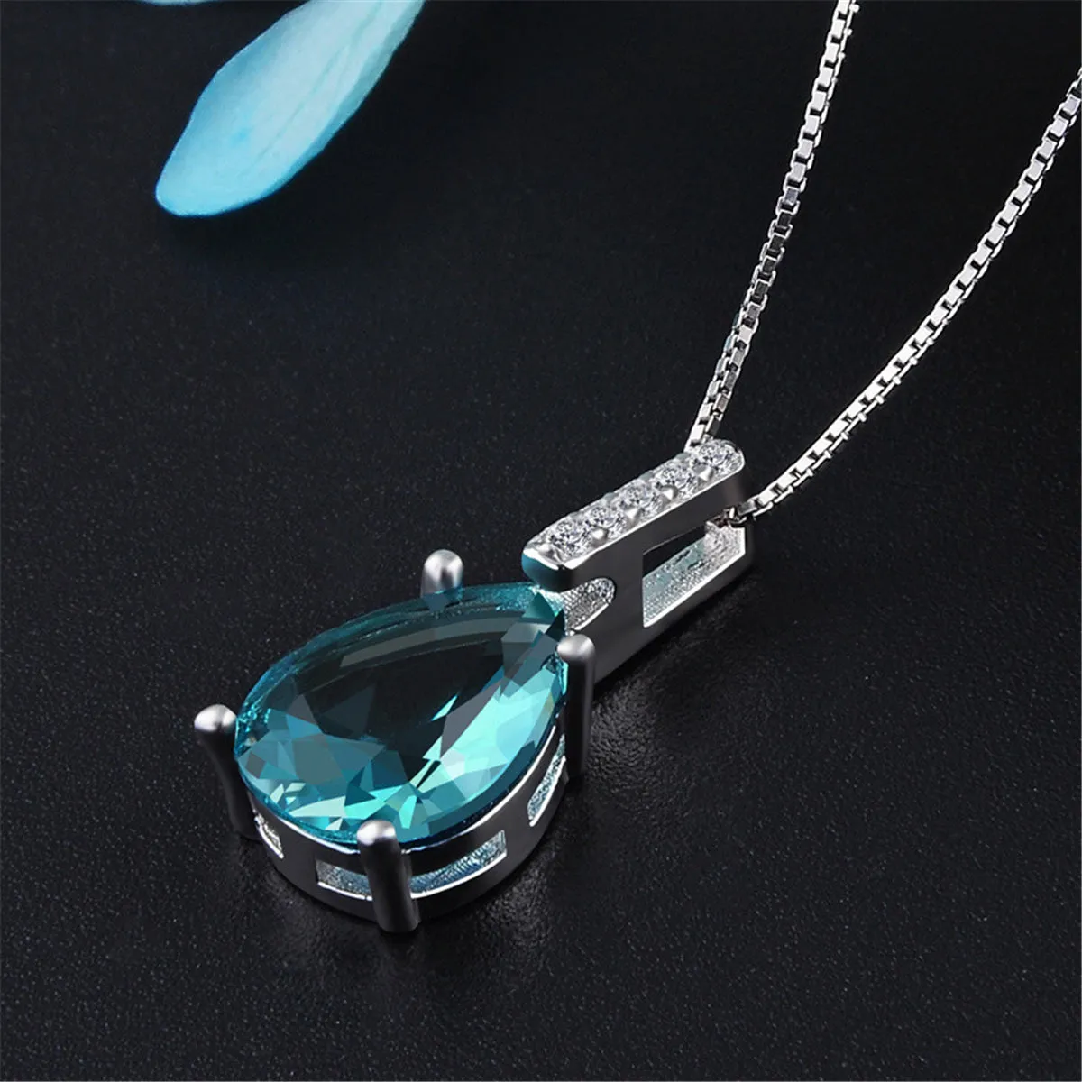 Cubic Zirconia & Aqua Pear Cut Crystal Bezel Prong Pendant Necklace