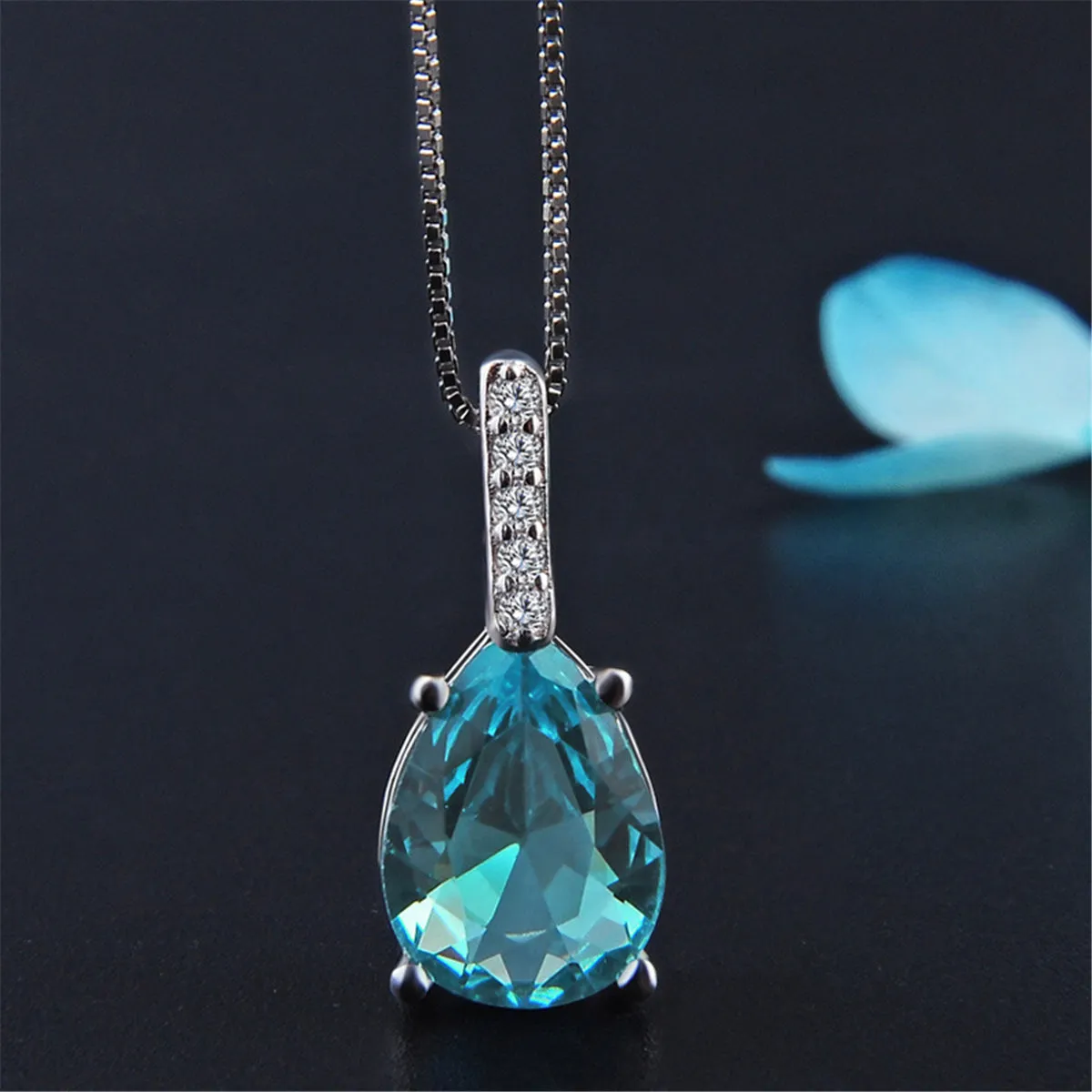 Cubic Zirconia & Aqua Pear Cut Crystal Bezel Prong Pendant Necklace