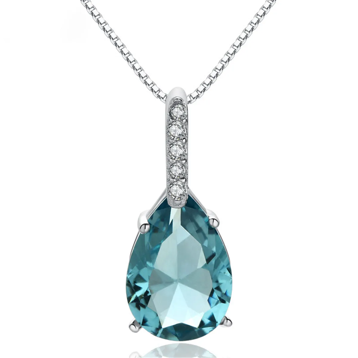 Cubic Zirconia & Aqua Pear Cut Crystal Bezel Prong Pendant Necklace