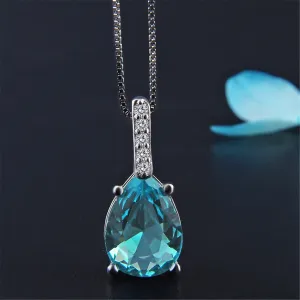 Cubic Zirconia & Aqua Pear Cut Crystal Bezel Prong Pendant Necklace