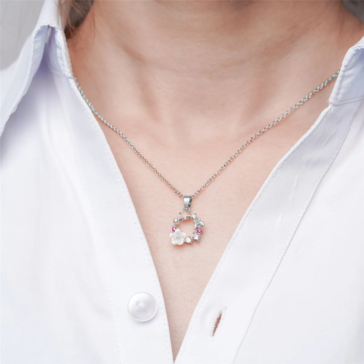 Cubic Zirconia & Cat's Eye Flower Pendant Necklace