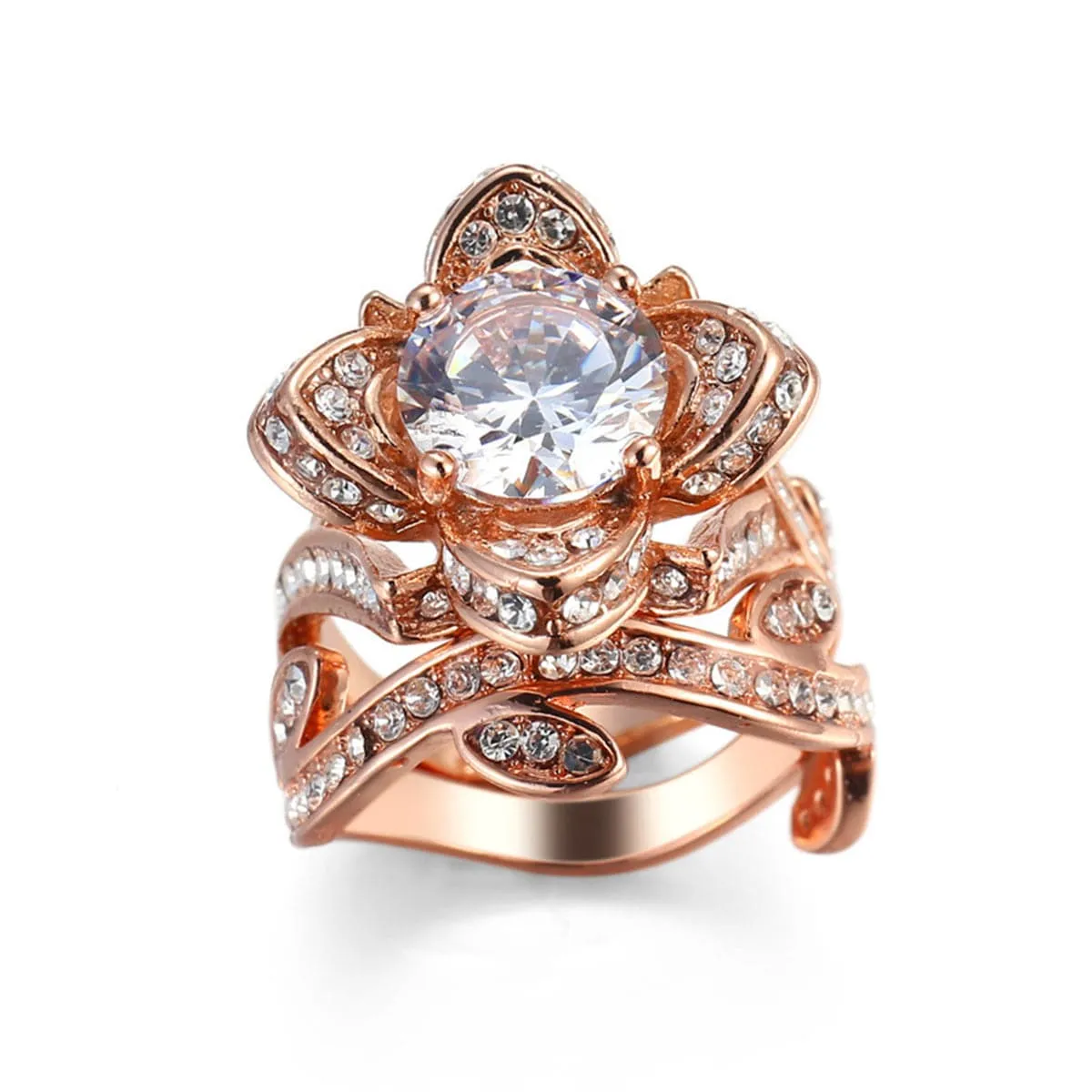 Cubic Zirconia & Crystal 18K Rose Gold-Plated Floral Stacked Ring