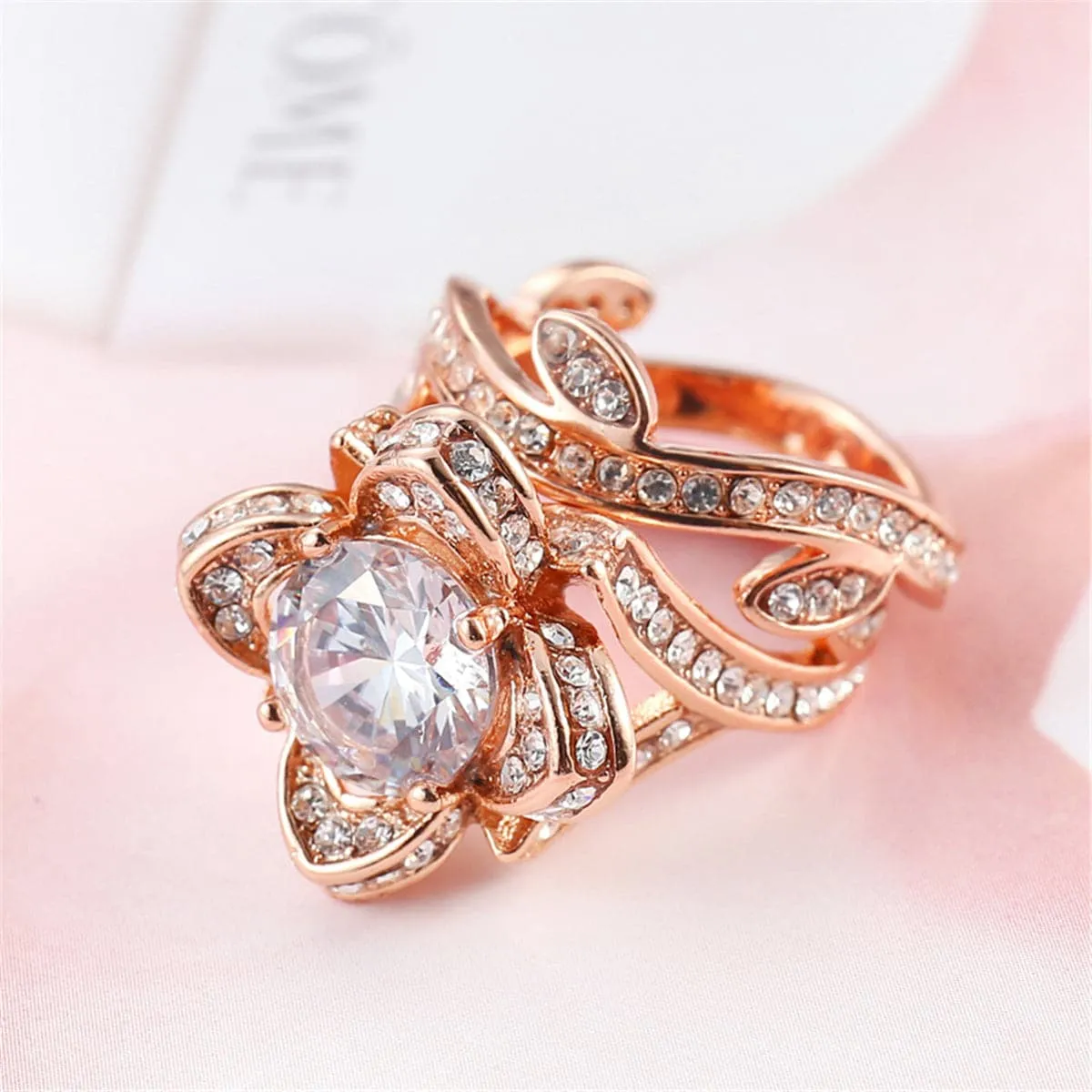 Cubic Zirconia & Crystal 18K Rose Gold-Plated Floral Stacked Ring