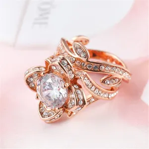 Cubic Zirconia & Crystal 18K Rose Gold-Plated Floral Stacked Ring