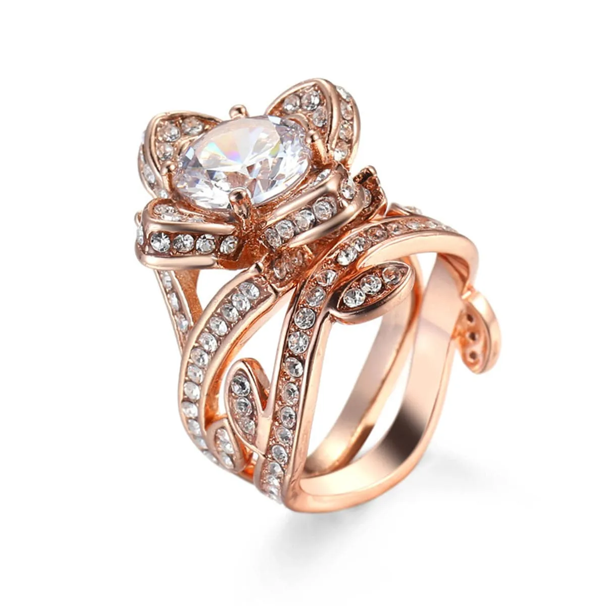 Cubic Zirconia & Crystal 18K Rose Gold-Plated Floral Stacked Ring