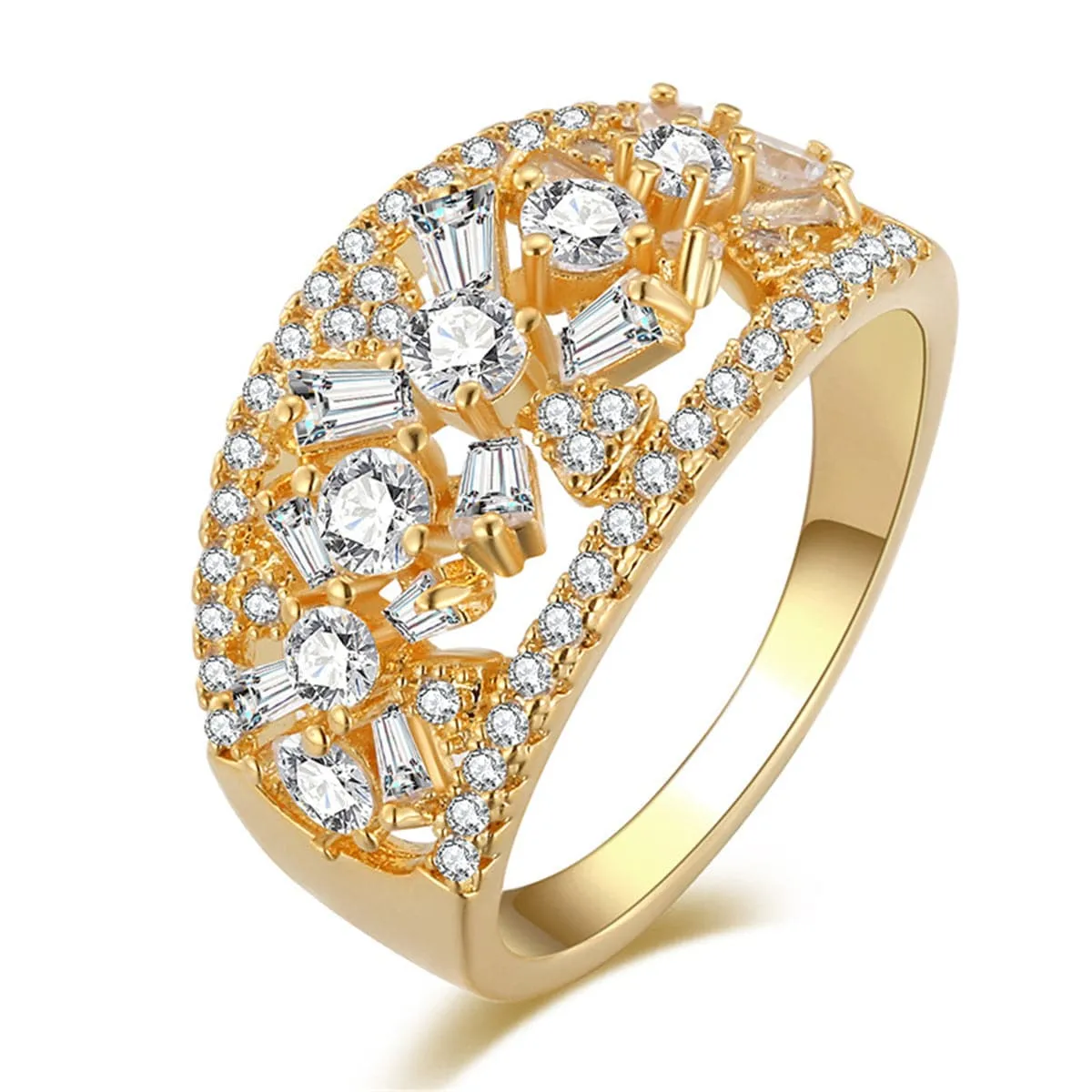 Cubic Zirconia & Crystal Flower Wide-Band Ring