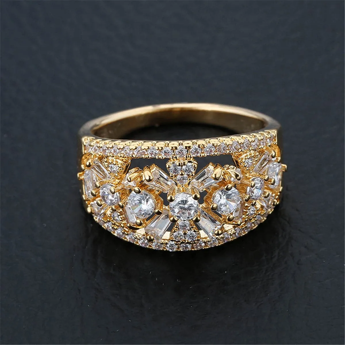 Cubic Zirconia & Crystal Flower Wide-Band Ring