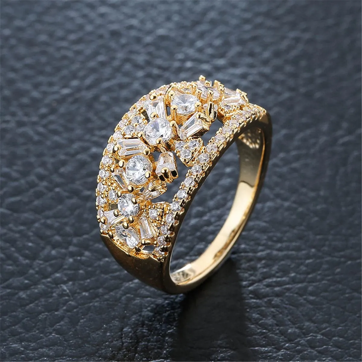 Cubic Zirconia & Crystal Flower Wide-Band Ring