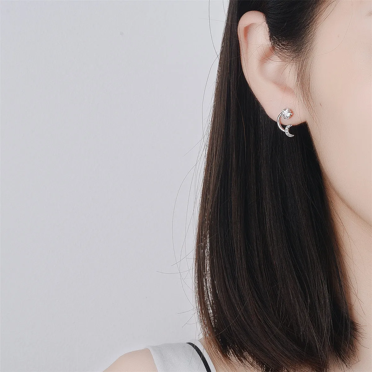Cubic Zirconia & Crystal Silver-Plated Star & Moon Stud Earrings