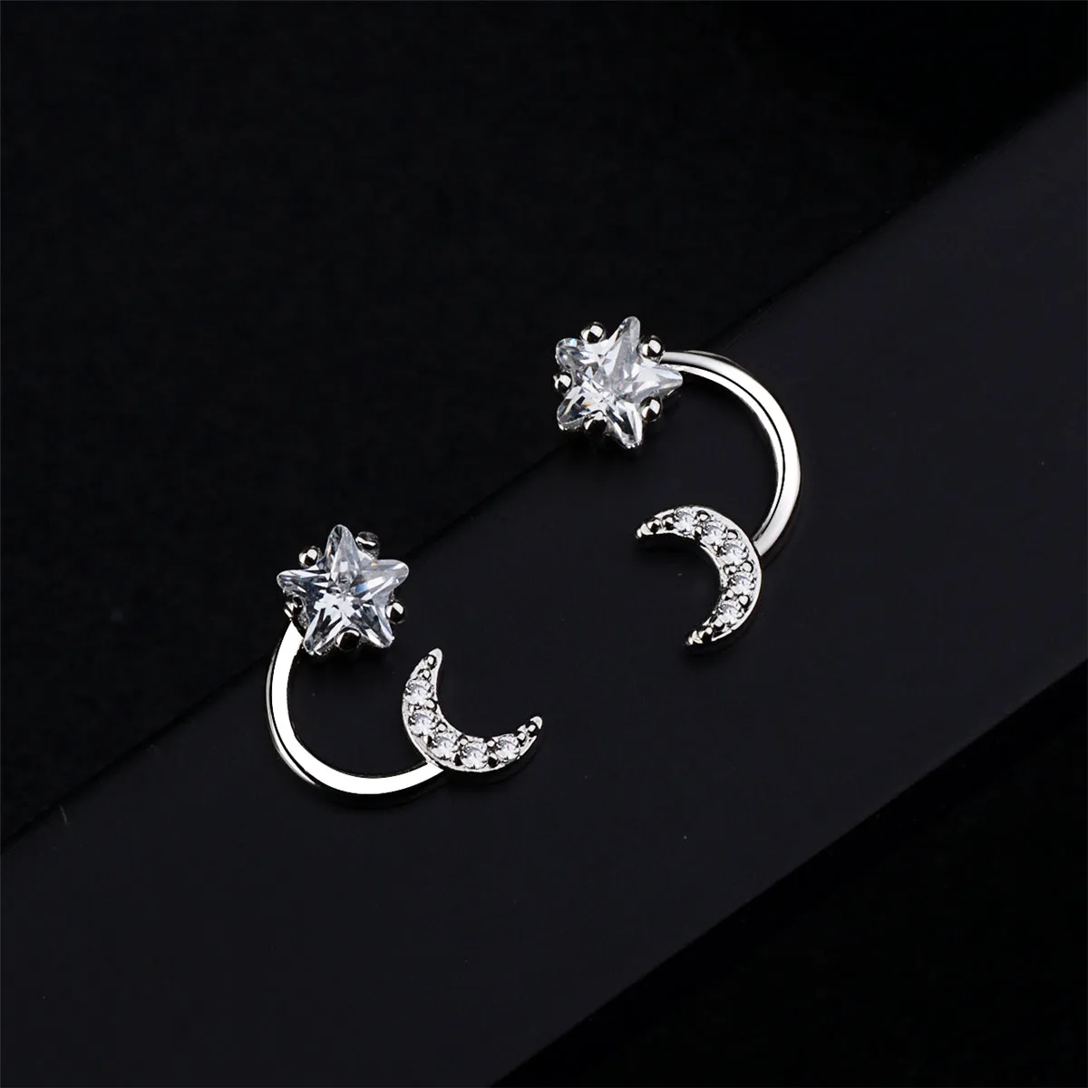 Cubic Zirconia & Crystal Silver-Plated Star & Moon Stud Earrings