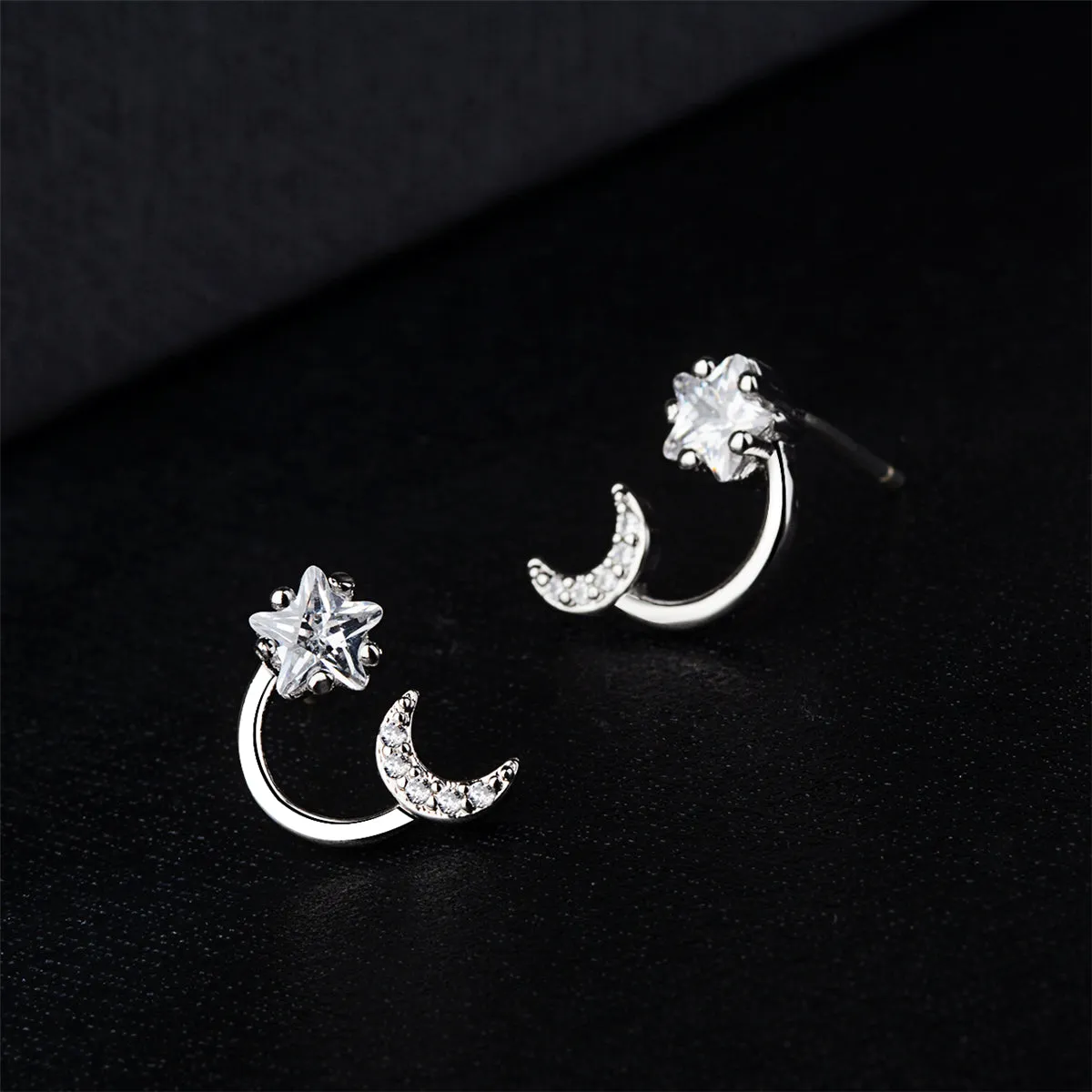 Cubic Zirconia & Crystal Silver-Plated Star & Moon Stud Earrings