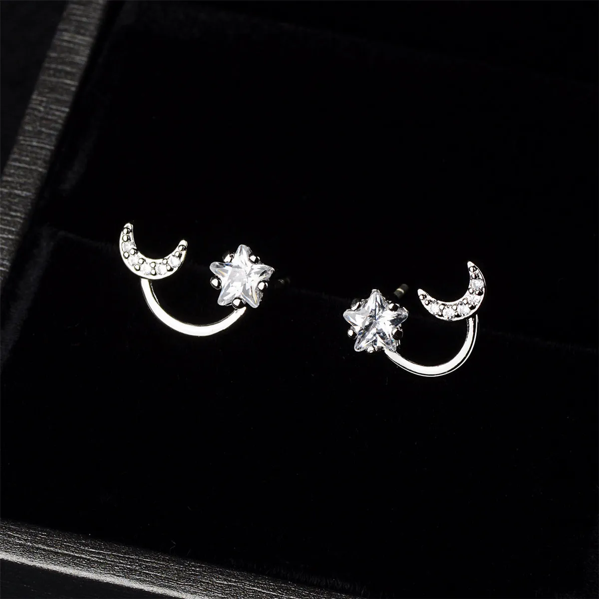 Cubic Zirconia & Crystal Silver-Plated Star & Moon Stud Earrings