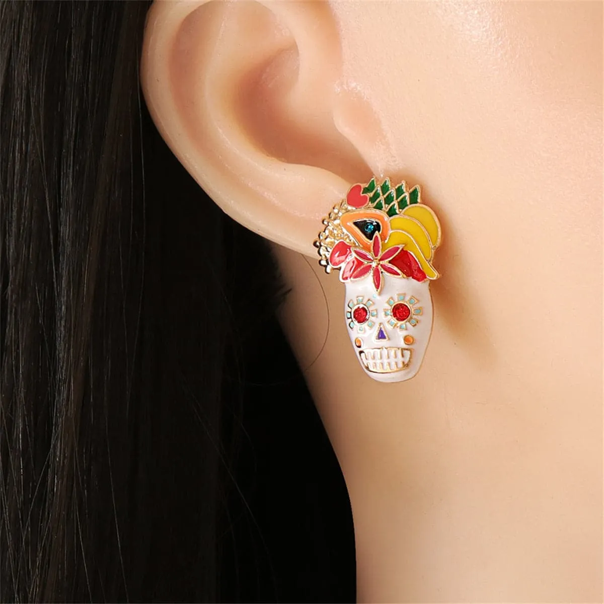 Cubic Zirconia & Enamel 18K Gold-Plated Masks Stud Earrings