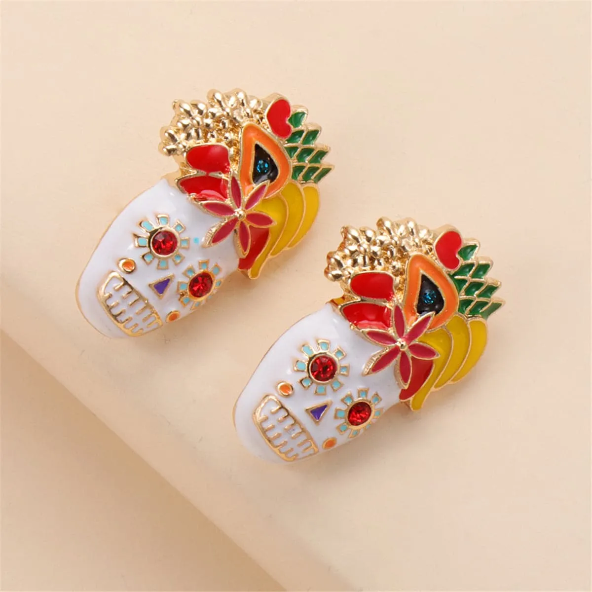 Cubic Zirconia & Enamel 18K Gold-Plated Masks Stud Earrings