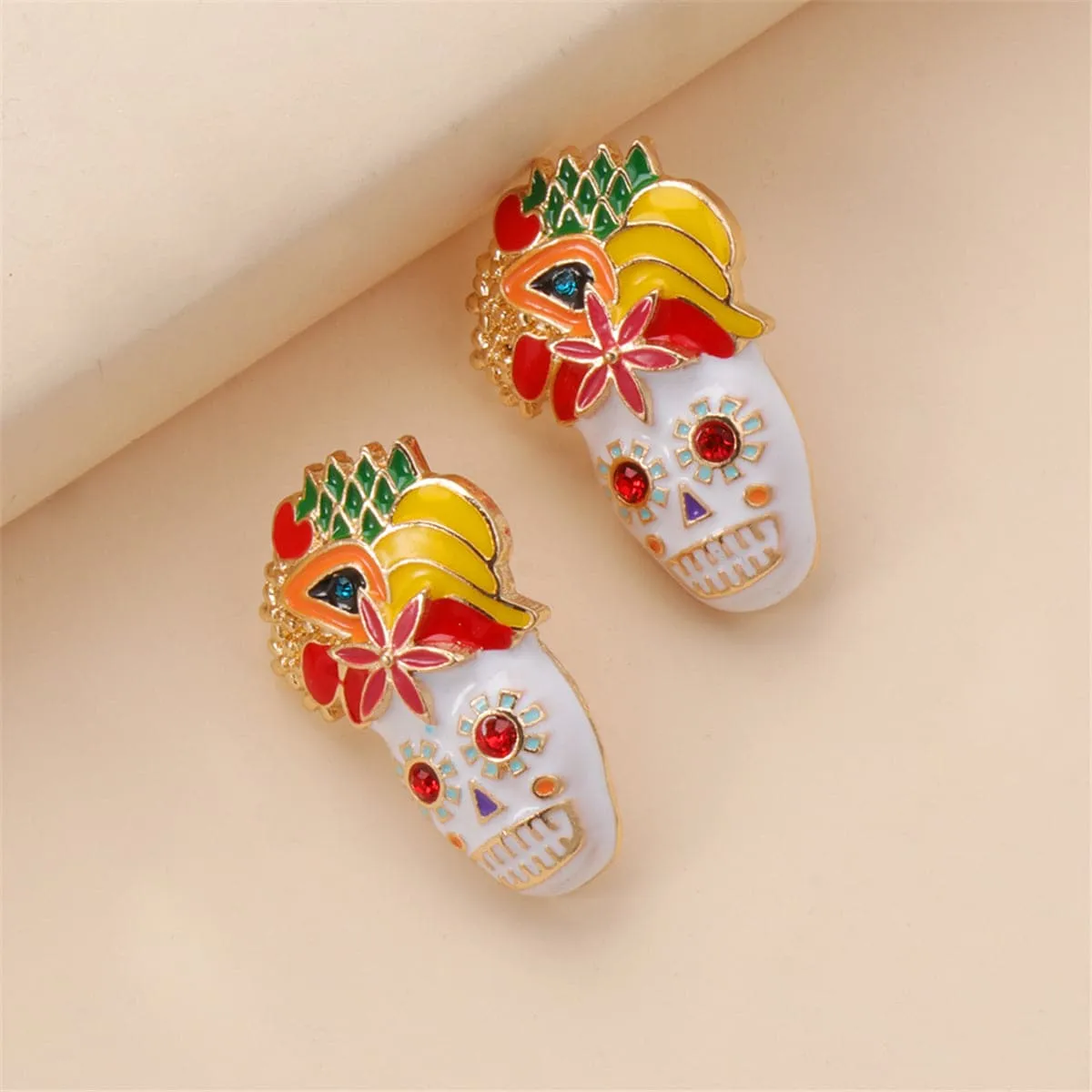 Cubic Zirconia & Enamel 18K Gold-Plated Masks Stud Earrings