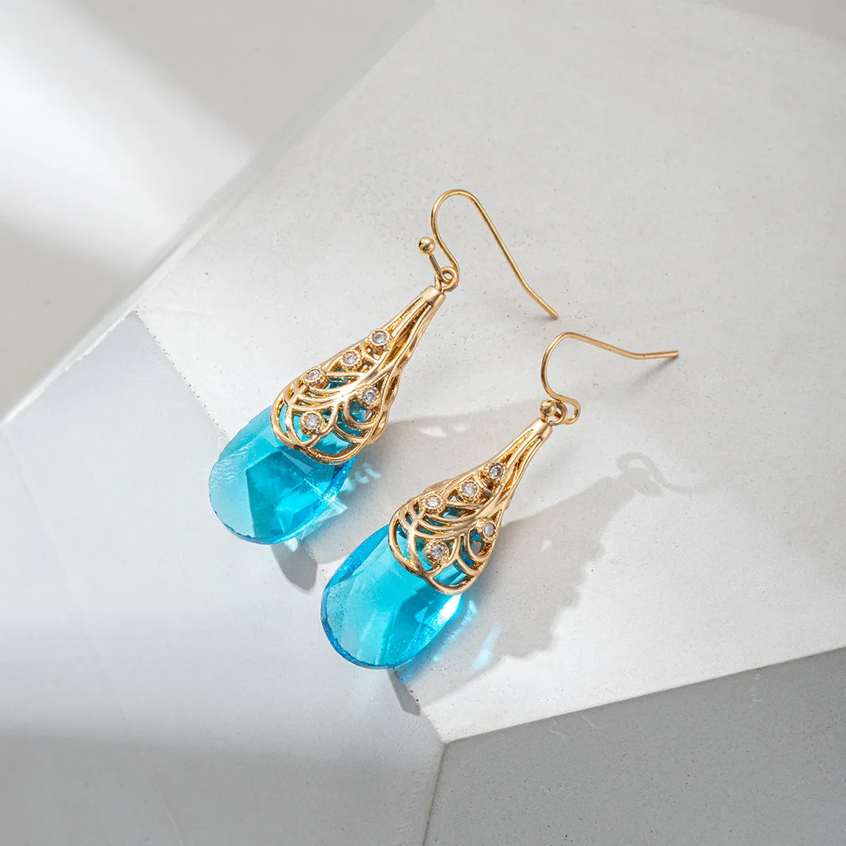 Cubic Zirconia & Lake Blue Crystal Drop Earrings