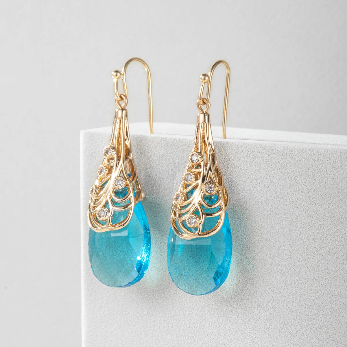 Cubic Zirconia & Lake Blue Crystal Drop Earrings
