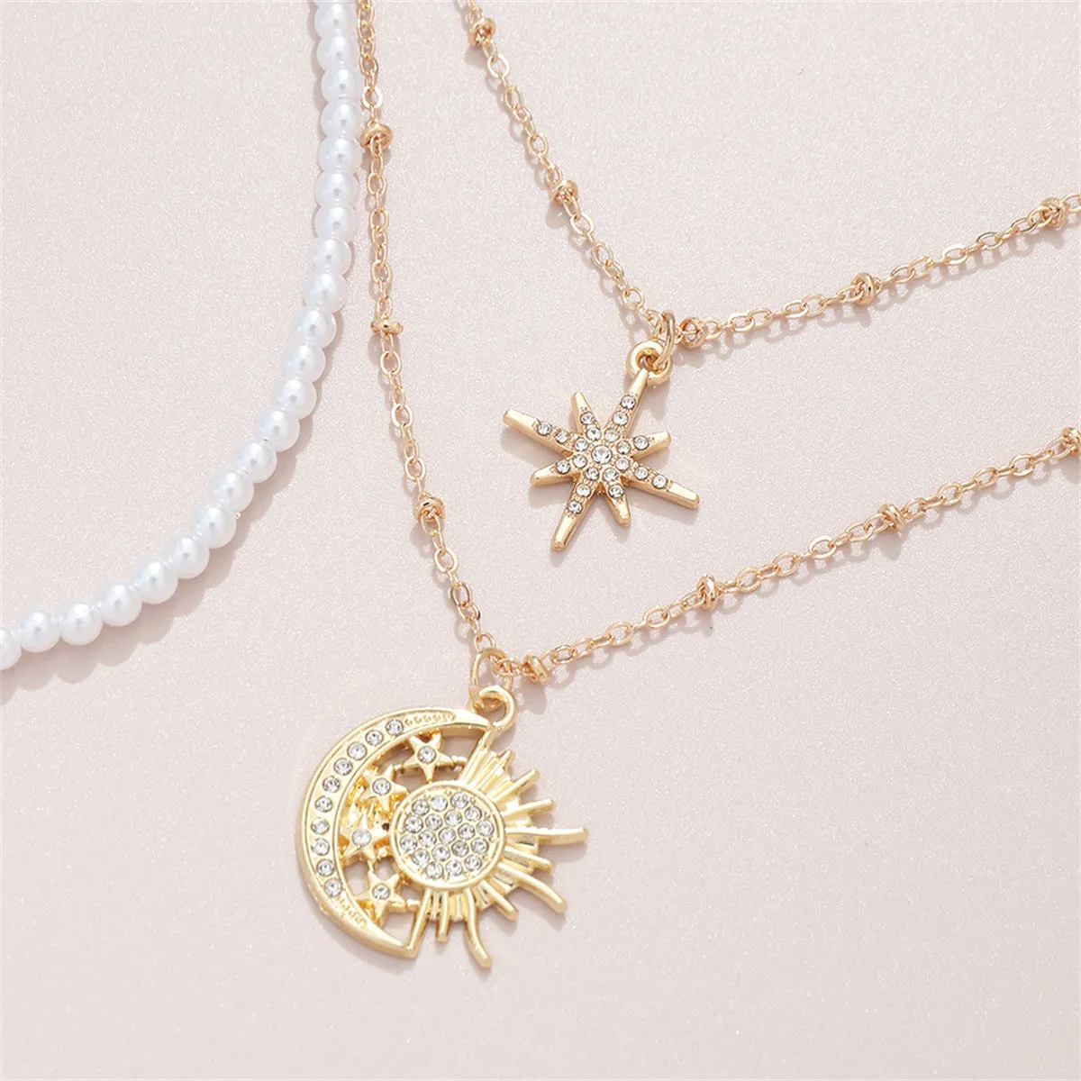 Cubic Zirconia & Pearl 18K Gold-Plated Celestial Pendant Necklace - Set Of Three