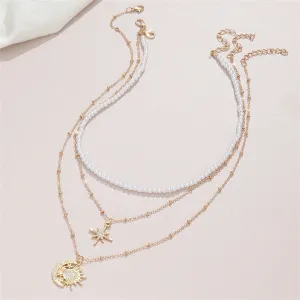 Cubic Zirconia & Pearl 18K Gold-Plated Celestial Pendant Necklace - Set Of Three