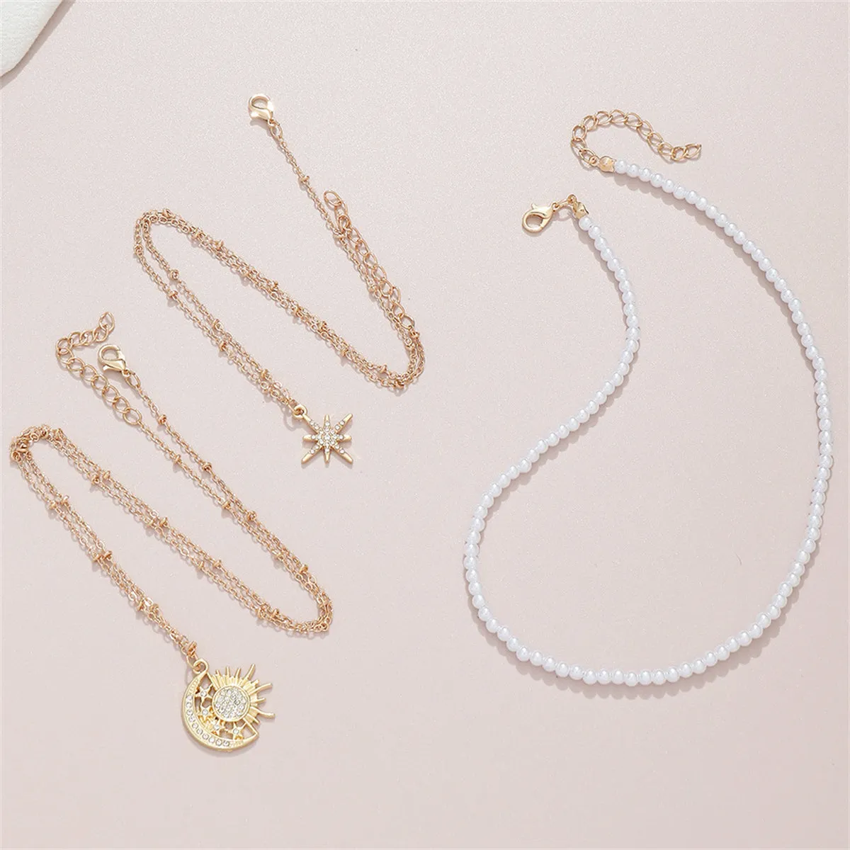 Cubic Zirconia & Pearl 18K Gold-Plated Celestial Pendant Necklace - Set Of Three