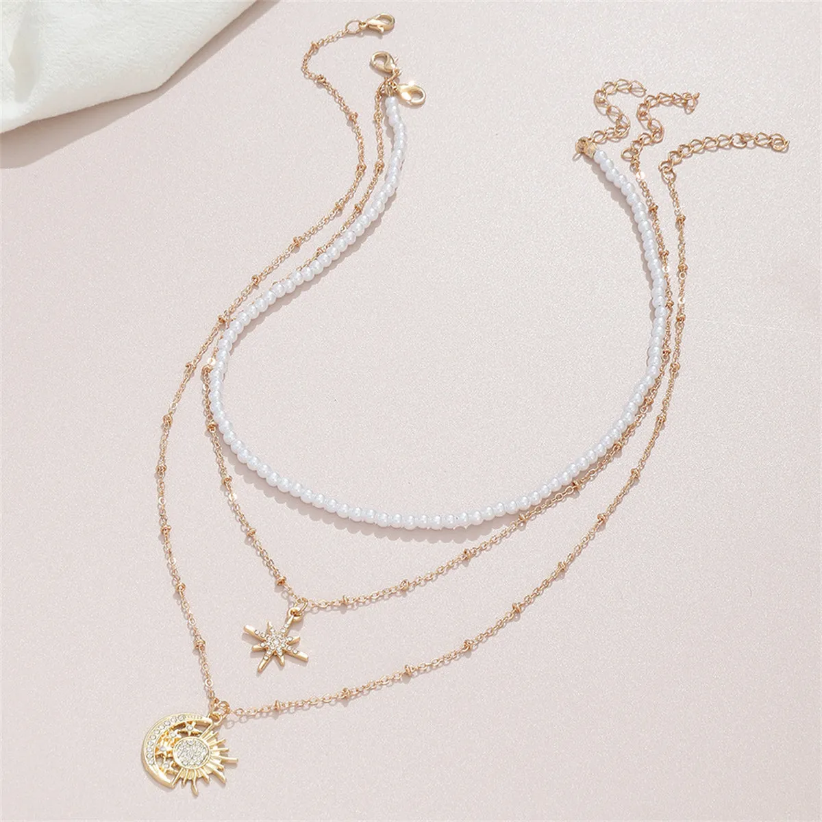 Cubic Zirconia & Pearl 18K Gold-Plated Celestial Pendant Necklace - Set Of Three