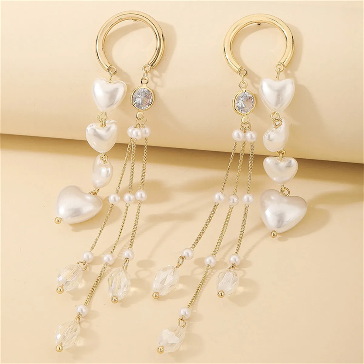 Cubic Zirconia & Pearl 18K Gold-Plated Heart Tassel Threader Earrings