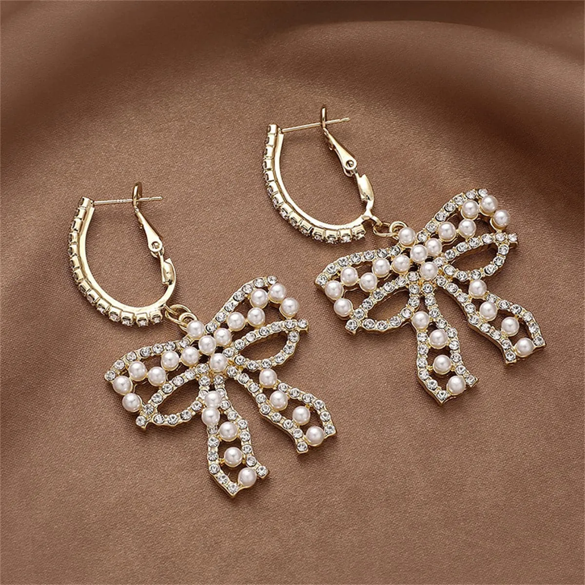 Cubic Zirconia & Pearl Bow Huggie Drop Earrings