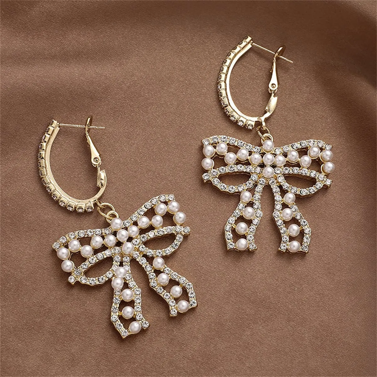 Cubic Zirconia & Pearl Bow Huggie Drop Earrings