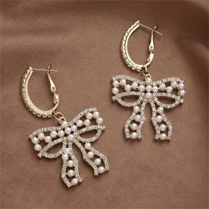 Cubic Zirconia & Pearl Bow Huggie Drop Earrings