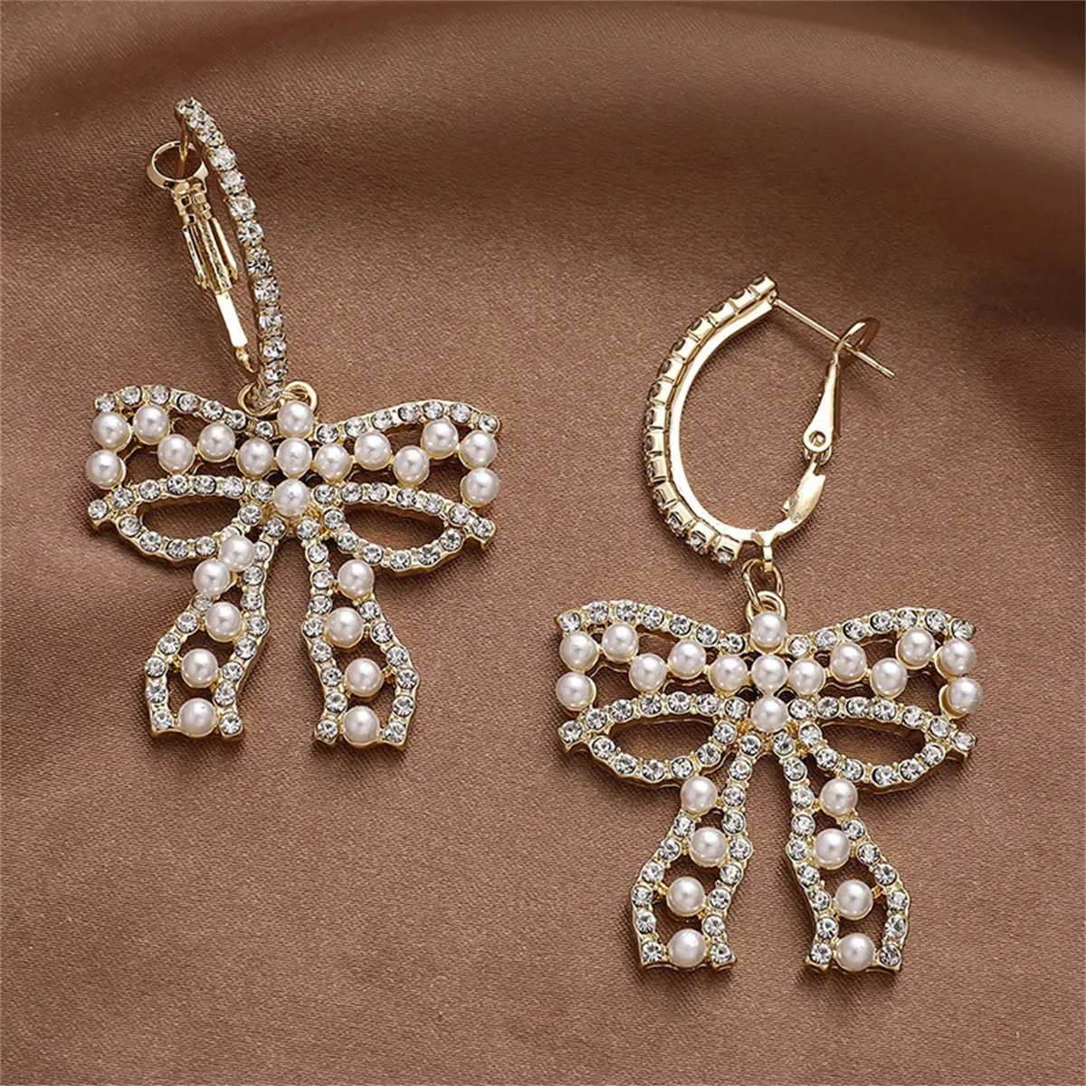 Cubic Zirconia & Pearl Bow Huggie Drop Earrings