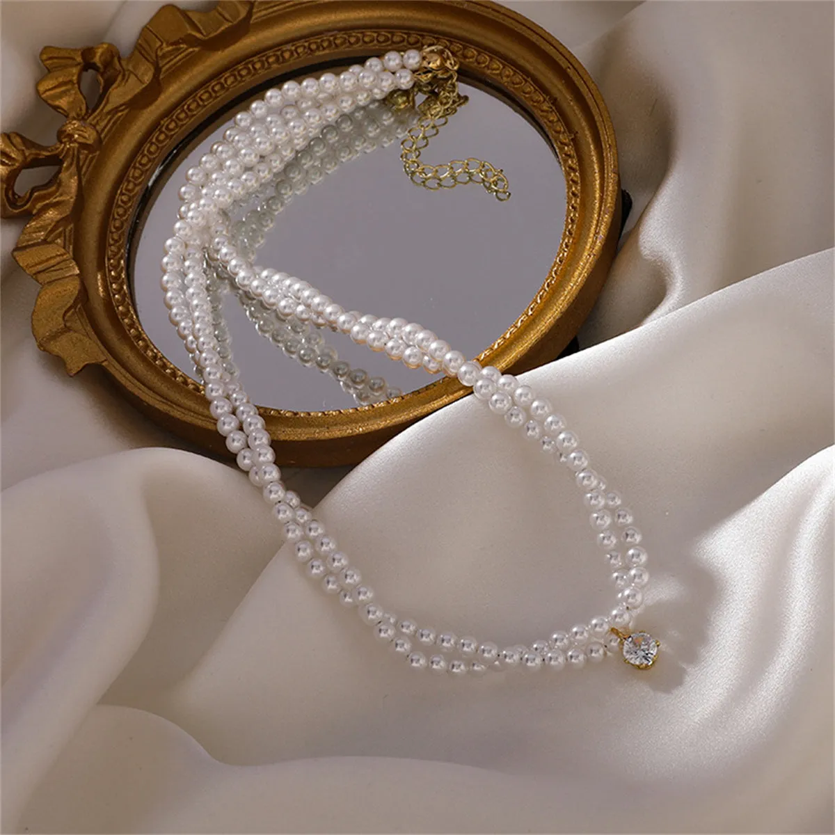 Cubic Zirconia & Pearl Layered Round-Cut Pendant Necklace