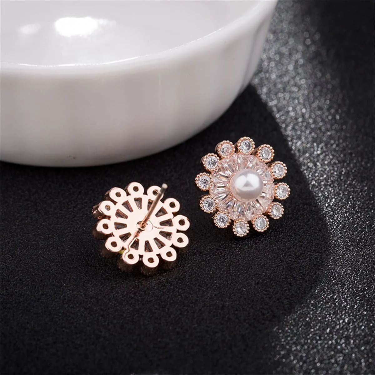 Cubic Zirconia & Pearl Snowflake Stud Earrings