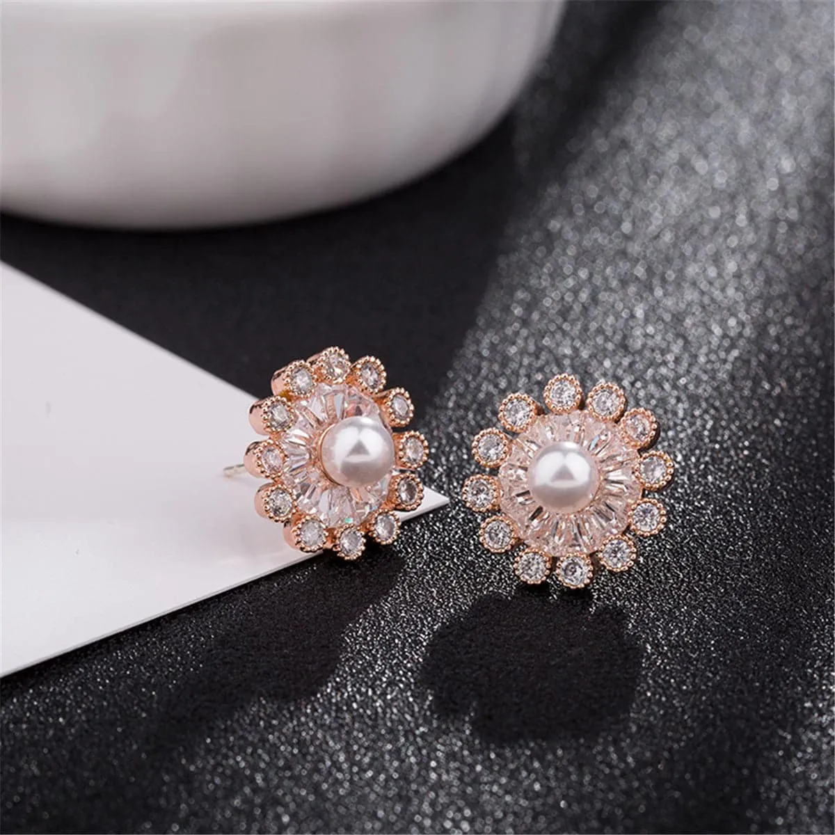 Cubic Zirconia & Pearl Snowflake Stud Earrings