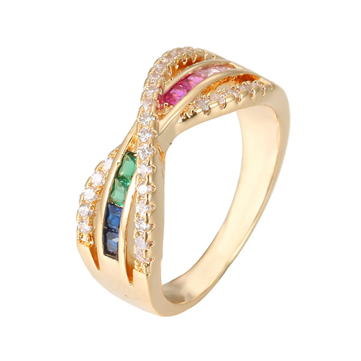 Cubic Zirconia & Rainbow Crystal Crossing Line Ring