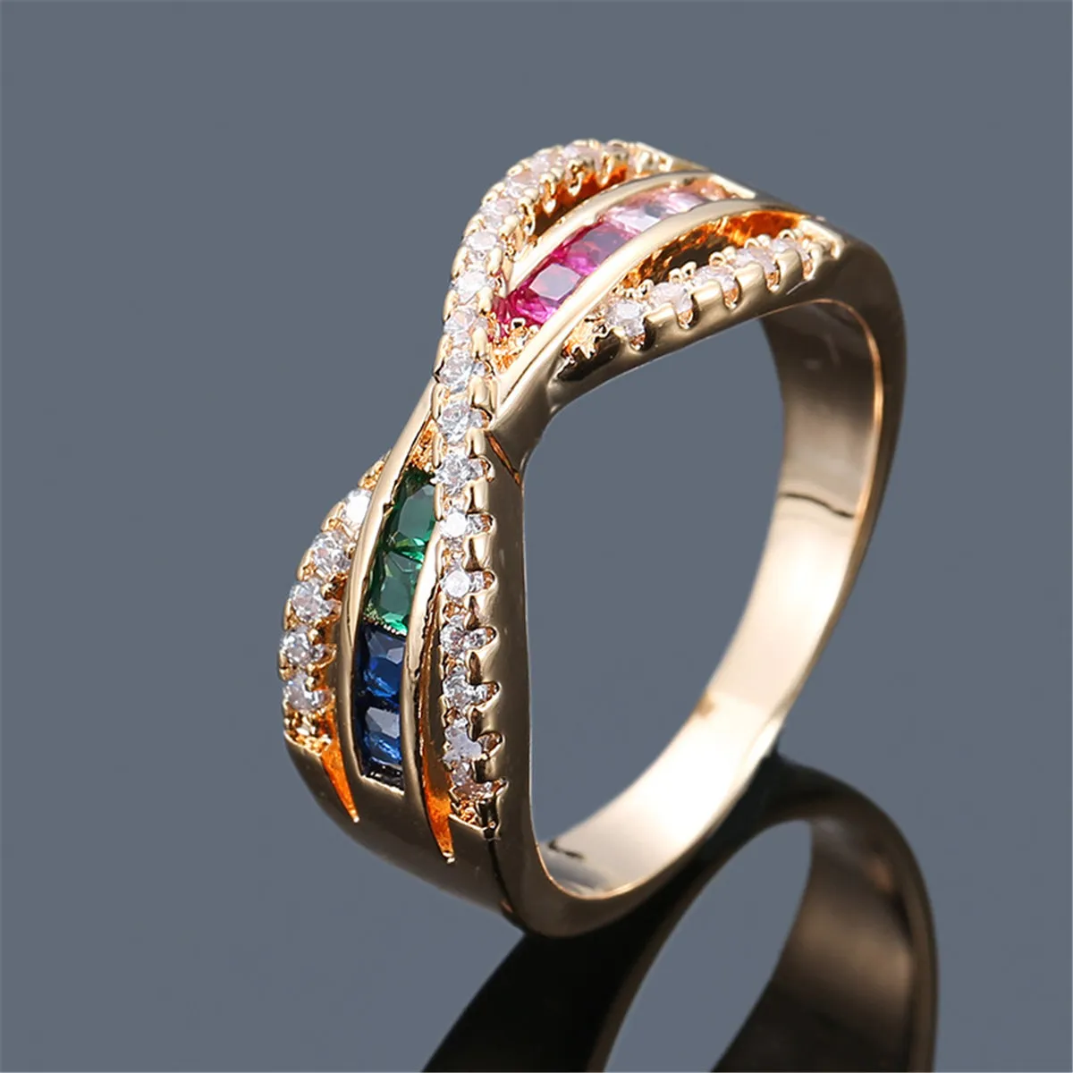 Cubic Zirconia & Rainbow Crystal Crossing Line Ring