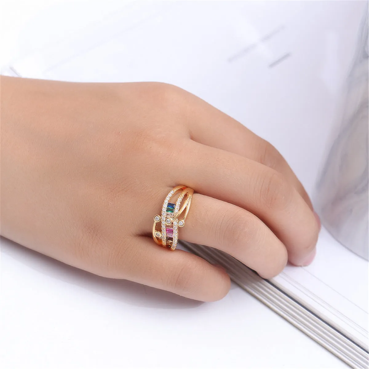 Cubic Zirconia & Rainbow Crystal Rattan Ring