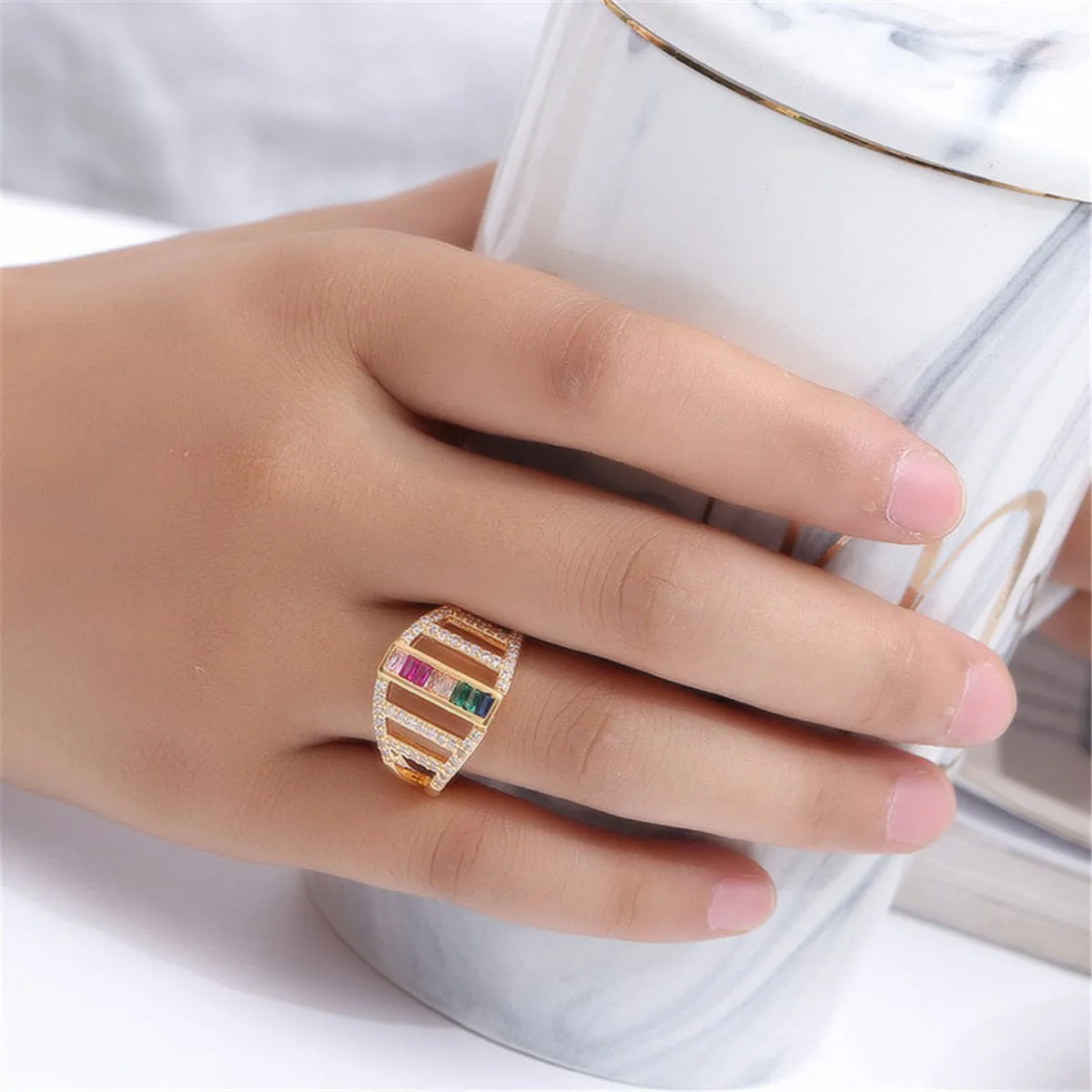 Cubic Zirconia & Rainbow Crystal Vertical Line Ring