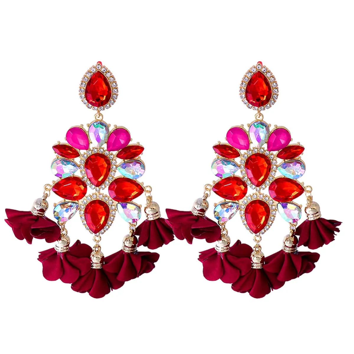 Cubic Zirconia & Red Crystal Floral Pear Chandelier Drop Earrings