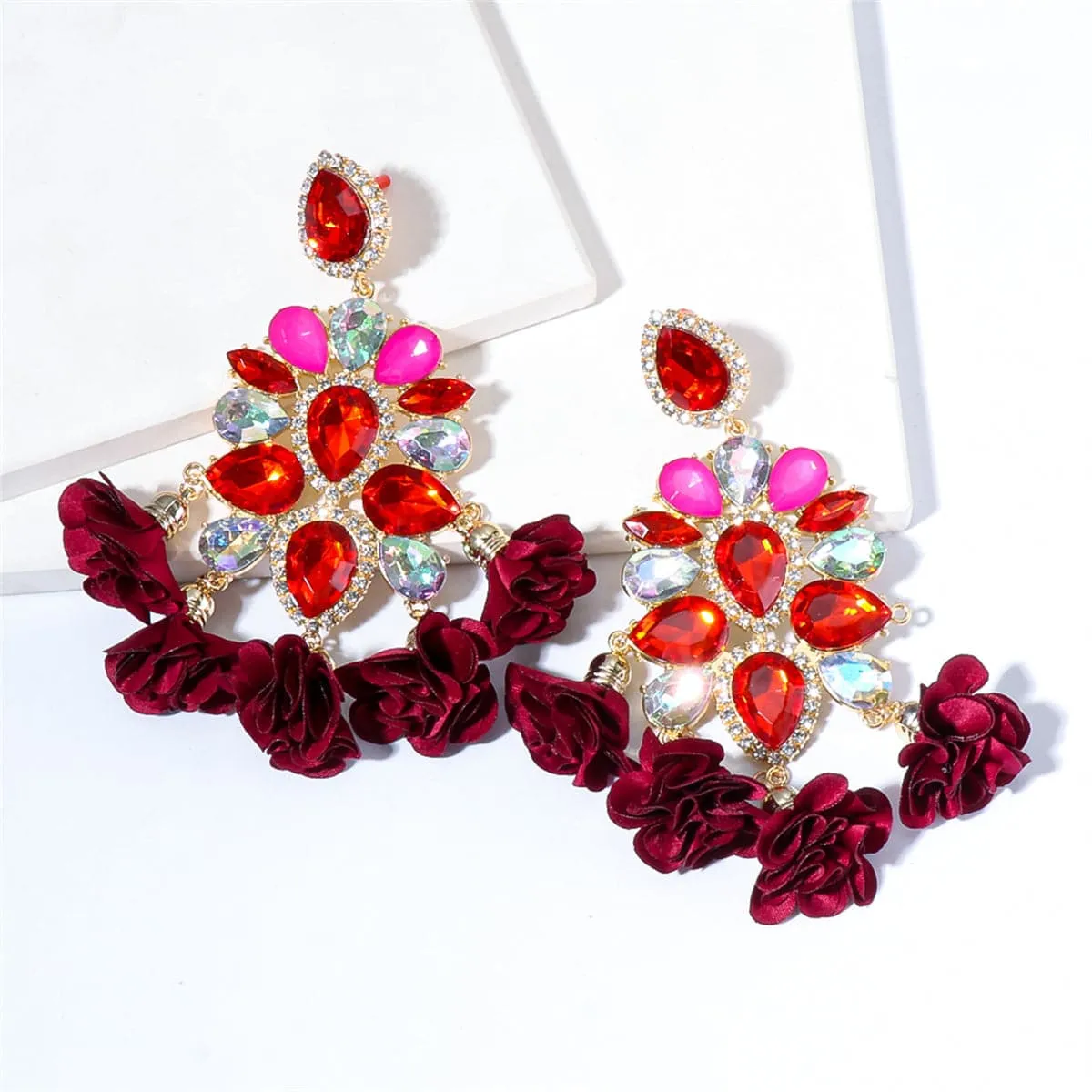 Cubic Zirconia & Red Crystal Floral Pear Chandelier Drop Earrings