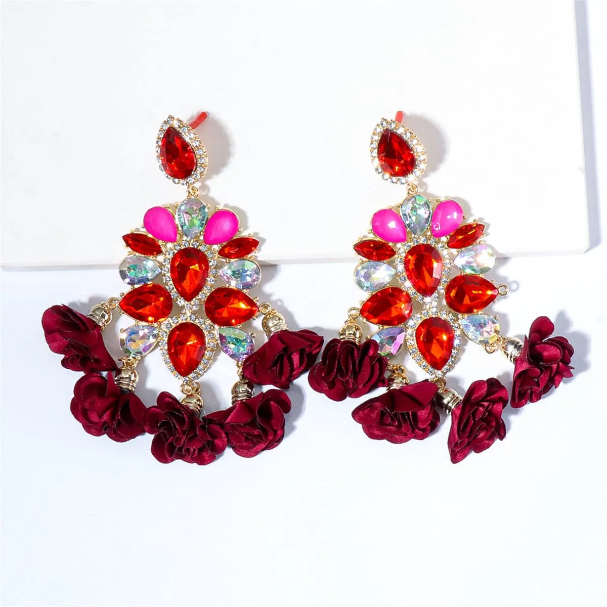 Cubic Zirconia & Red Crystal Floral Pear Chandelier Drop Earrings