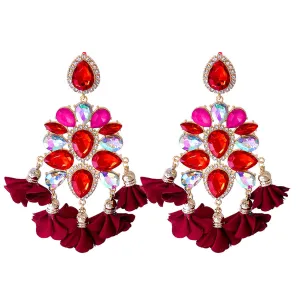 Cubic Zirconia & Red Crystal Floral Pear Chandelier Drop Earrings