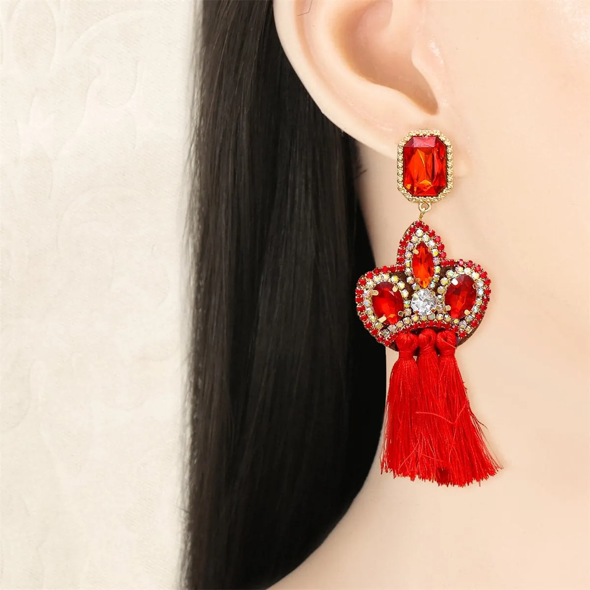 Cubic Zirconia & Red Crystal Pavé Tassel Crown Drop Earrings