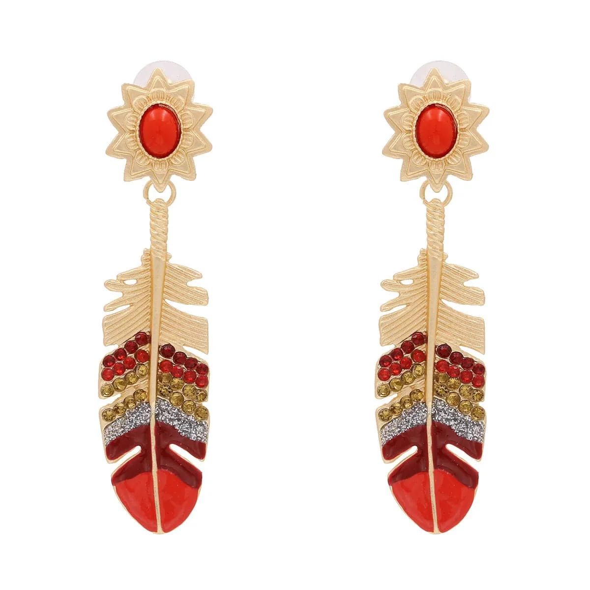 Cubic Zirconia & Red Enamel Leaf Drop Earrings