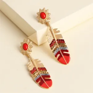 Cubic Zirconia & Red Enamel Leaf Drop Earrings