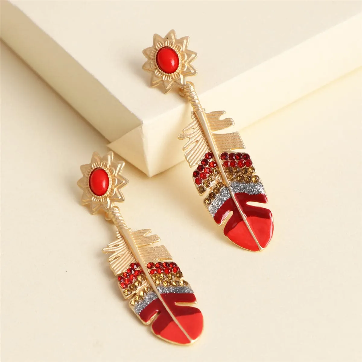 Cubic Zirconia & Red Enamel Leaf Drop Earrings