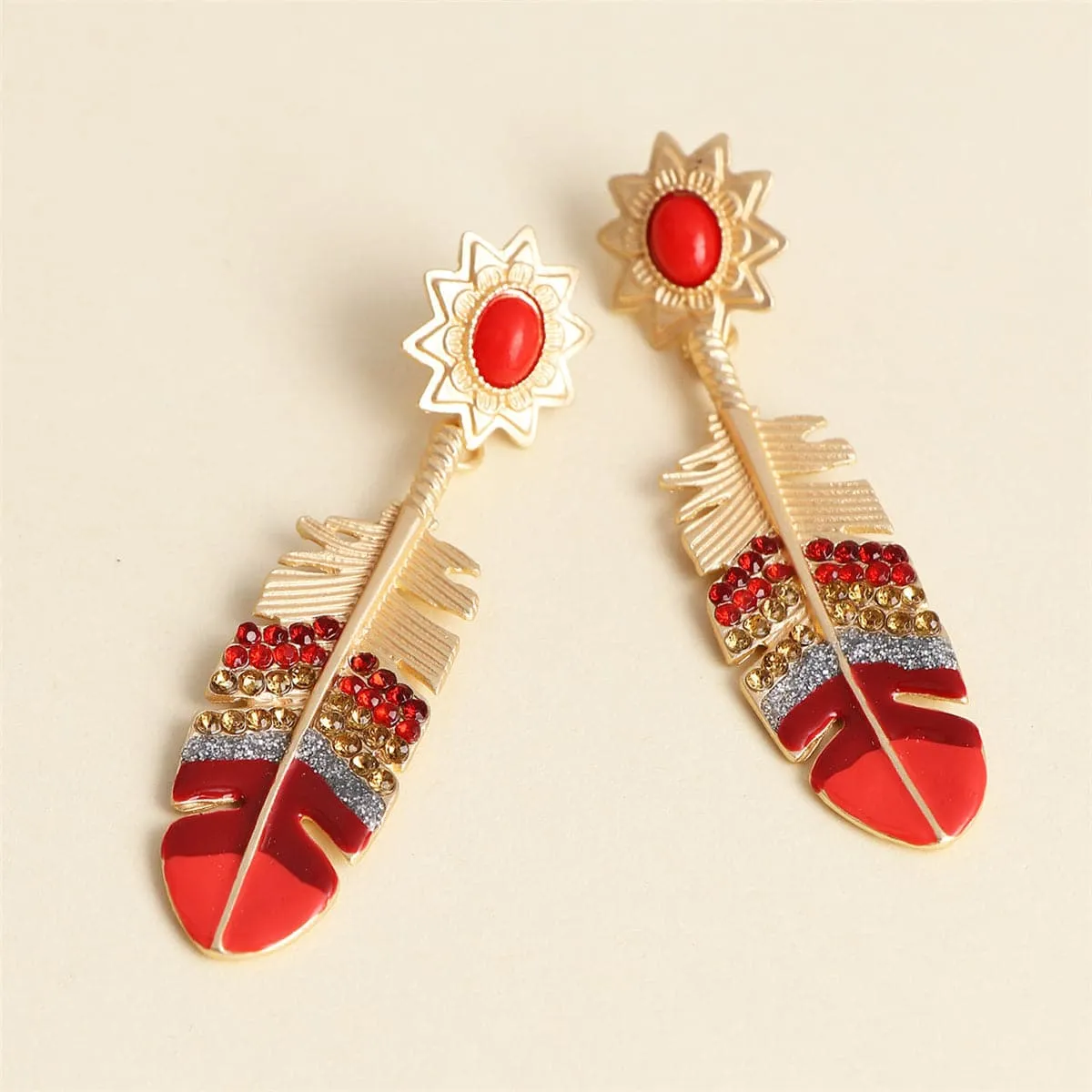Cubic Zirconia & Red Enamel Leaf Drop Earrings
