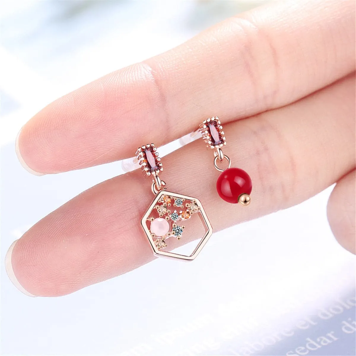Cubic Zirconia & Red Pearl 18K Rose Gold-Plated Mismatched Drop Earrings