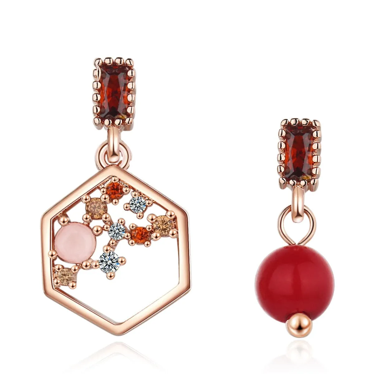 Cubic Zirconia & Red Pearl 18K Rose Gold-Plated Mismatched Drop Earrings